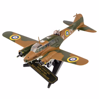Macheta Avion Militar Avro Anson MK1 RAF - Oxford Diecast 1:72 - vedere3/4 stanga fata pe suport