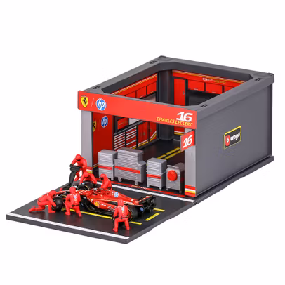Macheta Ferrari F1 SF-24 Diorama Pit Stop Leclerc Nr.16 Sezon 2024 1:43 – Bburago - vedere 3/4 stanga fata