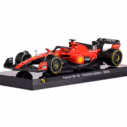 Macheta Ferrari SF-23 F1 2023 #16 Charles Leclerc – scara 1:24 – Bburago - vedere 3/4 stanga fata