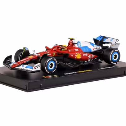 Macheta Formula 1 Ferrari SF-25 Team Scuderia Ferrari HP No.44 Miami GP 2025 Lewis Hamilton Red White Blue 1:43 Burago cu pilot si vitrina