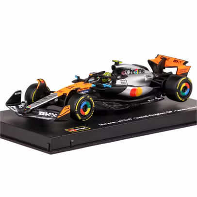 Macheta Formula 1 McLaren MCL39 Team McLaren No.4 World Champion Winner British GP Silverstone 2025 Lando Norris Orange Chrome Black cu pilot si vitrina 1:43 Burago
