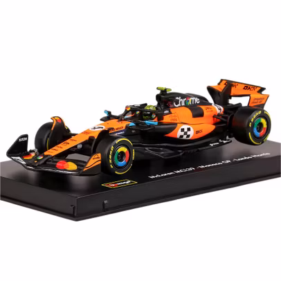 Macheta Formula 1 McLaren MCL39 Team McLaren No.4 World Champion Winner Monaco GP 2025 Lando Norris Orange Black cu pilot si vitrina 1:43 Burago