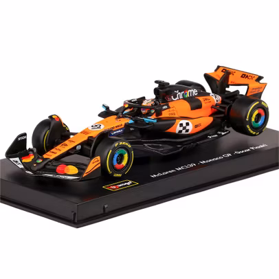 Macheta Formula 1 McLaren MCL39 Team McLaren No.81 3rd Monaco GP 2025 Oscar Piastri Orange Black cu pilot si vitrina 1:43 Burago