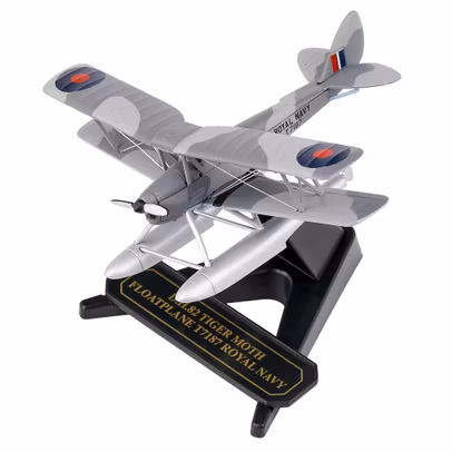 Macheta hidroavion De Havilland Tiger Moth T7187 - Royal Navy - scara 1:72 Oxford - vedere 3/4 stanga fata pe suport