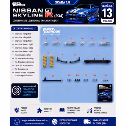 Macheta Nissan Skyline GT-R R34 Nr.13 Kit Construibil 1:8 DeAgostini Fast & Furious - revista