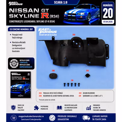 Macheta Nissan Skyline GT-R R34 Nr.20 DeAgostini pasaj roata fata stanga 1:8 - revista