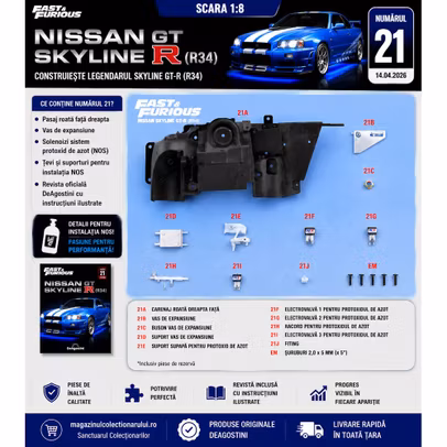 Macheta Nissan Skyline GT-R R34 Nr.21 DeAgostini 1:8 pasaj roata fata dreapta sistem NOS