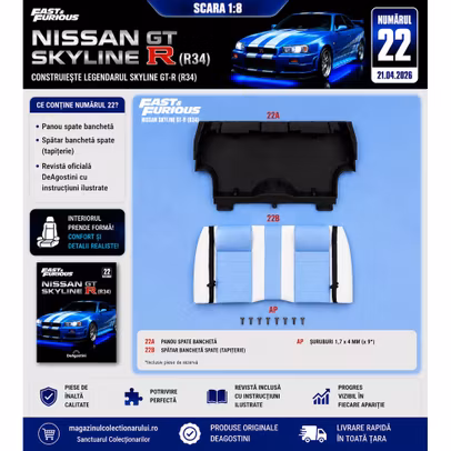Macheta Nissan Skyline GT-R R34 Nr.22 DeAgostini 1:8 bancheta spate interior