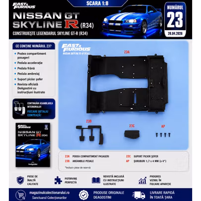Macheta Nissan Skyline GT-R R34 Nr.23 DeAgostini 1:8 pedalier interior sofer