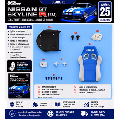 Macheta Nissan Skyline GT-R R34 Nr.25 DeAgostini 1:8 scaun sofer interior