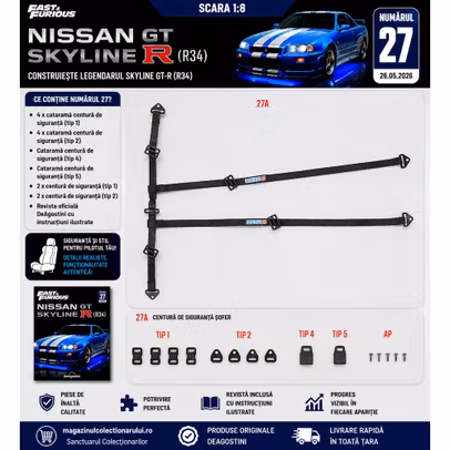 Macheta Nissan Skyline GT-R R34 Nr.27 DeAgostini 1:8 centuri de siguranta interior