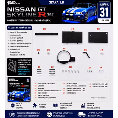 Macheta Nissan Skyline GT-R R34 Nr.31 DeAgostini Fast Furious radiator si injectoare motor