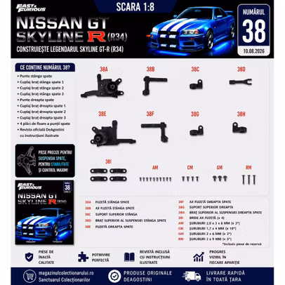 Macheta Nissan Skyline GT-R R34 Nr.38 DeAgostini punte spate si cuplaje brat suspensie 1:8