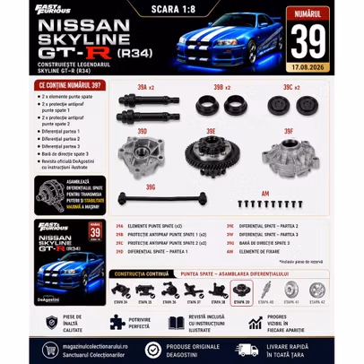 Macheta Nissan Skyline GT-R R34 Nr.39 DeAgostini diferential si punte spate 1:8