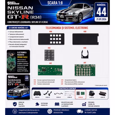 Macheta Nissan Skyline GT-R R34 Nr.44 1:8 DeAgostini Fast Furious - telecomanda si sistem electronic