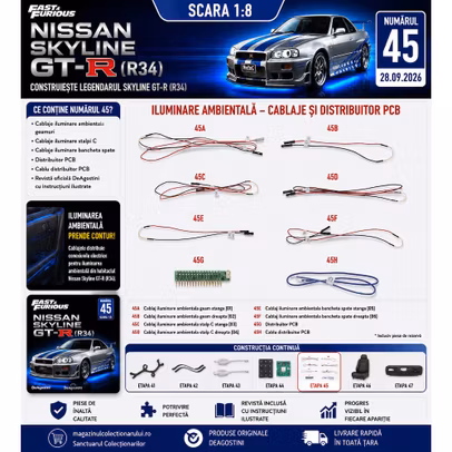 Macheta Nissan Skyline GT-R R34 Nr.45 1:8 DeAgostini Fast Furious - cablaje iluminare ambientala si distribuitor PCB