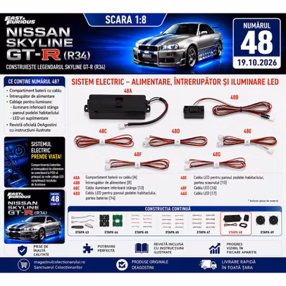 Macheta Nissan Skyline GT-R R34 Nr.48 1:8 DeAgostini Fast Furious - compartiment baterii intrerupator si cablaje LED