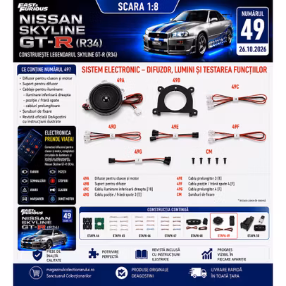 Macheta Nissan Skyline GT-R R34 Nr.49 1:8 DeAgostini Fast Furious - difuzor cablaje si sistem electronic