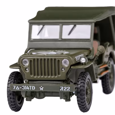 Machetă Jeep Willys CJ-5 1944 verde militar, scara 1:43 Cararama - vedere din fata close up