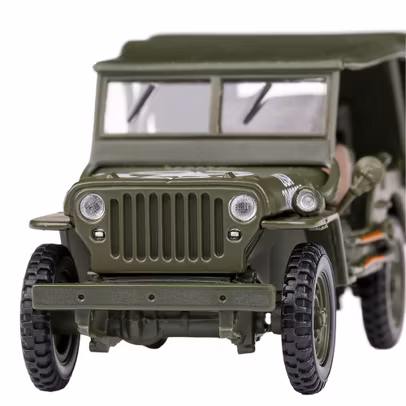 Machetă Jeep Willys MB soft top verde militar, scara 1:43 – vedere din fata close up