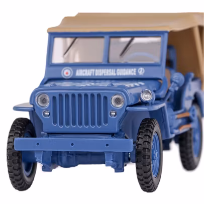 Machetă Jeep Willys MB soft top albastru, scara 1:43 – vedere din fata close up