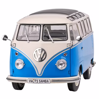 Macheta Volkswagen T1 Samba 1:18 Solido, Alb-Albastru, Metal, 1962 - vedere din fata