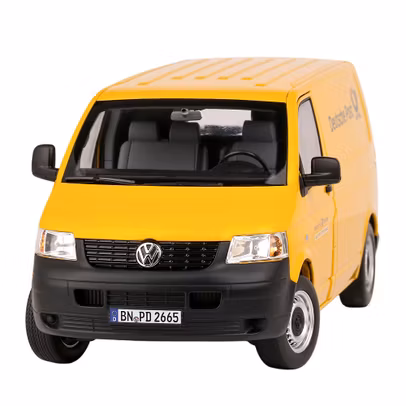 Macheta auto Volkswagen Transporter T5 Deutsche Post 2003 galben scara 1:18 Norev