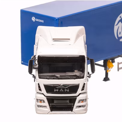 MAN TGX 18.480 Geodis 2001, macheta camion cu semiremorca carosata, scara 1:43, alb cu albastru, window box, Eligor-3