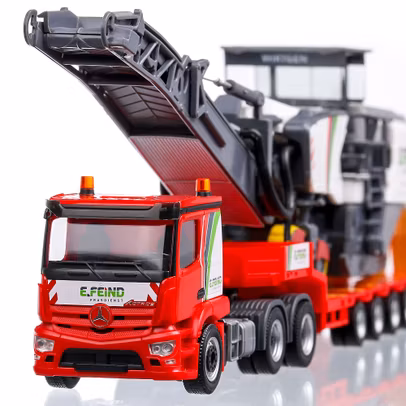 Mercedes-Benz Actros Trailer 2017 cu utilaj prelucrare asfalt, macheta autospeciala, scara 1:87, rosu cu gri si alb, Herpa