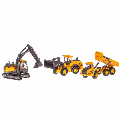 Mini set constructii Volvo cu basculanta, excavator si incarcator greu
