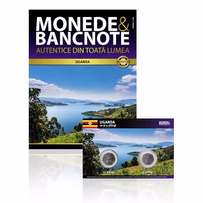 Revista și monedele autentice Nr.9 – 10 și 5 șilingi Uganda – colecția Monede și Bancnote Autentice