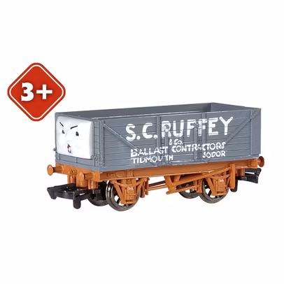 Open Wagon S.C. Ruffey Scruffey – Vagon deschis Bachmann 77041BE Thomas & Friends OO/HO - vedere 3/4 stanga fata