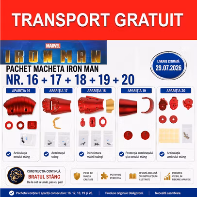 Pachet Macheta Iron Man Armura Mark III Nr 16 17 18 19 20 DeAgostini constructia bratului stang