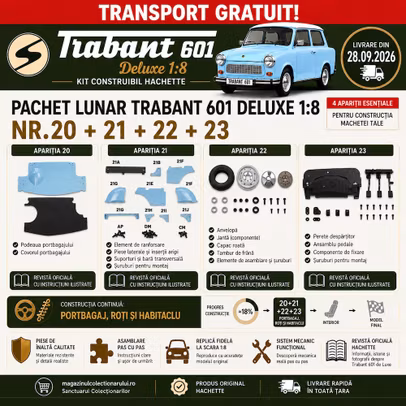 Pachet Trabant 601 Deluxe 1:8 Nr.20 21 22 23 Hachette cu piese portbagaj roata si pedalier