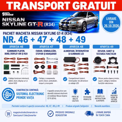 Pachet Nr.46-49 Macheta Nissan Skyline GT-R R34 1:8 DeAgostini Fast Furious - sistem electronic iluminare alimentare si sunet