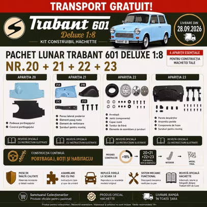 Pachet Trabant 601 Deluxe 1:8 Nr.20 21 22 23 Hachette cu piese portbagaj roata si pedalier