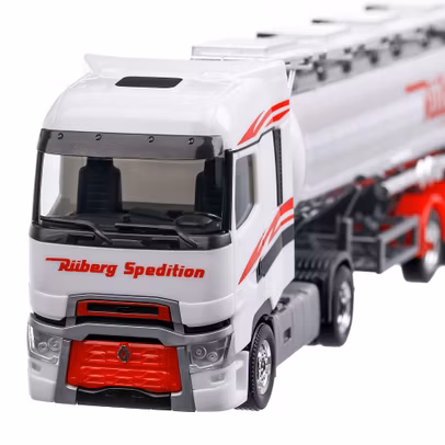 Renault T 2015, macheta camion cu semiremorca cisterna chimice, scara 1:87, alb cu rosu si crom, Herpa