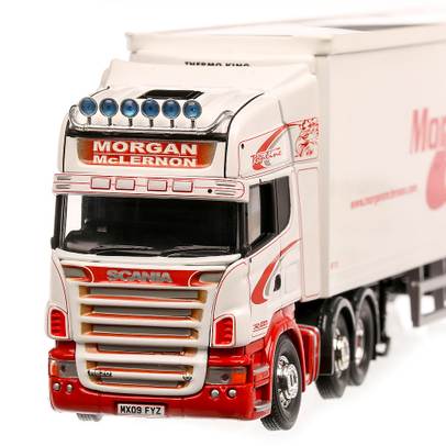 Scania R Morgan McLernon Transport 2009 macheta  camion cu semiremorca frigorifica, scara 1:50, alb cu rosu, Corgi