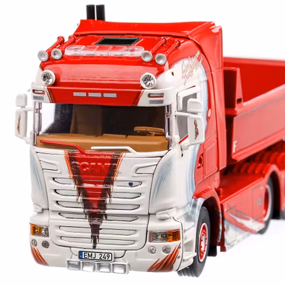 Scania R-Streamline Highline 2013, macheta camion cu sistem de ridicare cu carlig, scara 1:50, alb cu rosu, Tekno