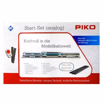 Set tren electric HO PIKO 57139 Hercules Alex cu 2 vagoane pasageri si sine cu terasament - ambalaj original