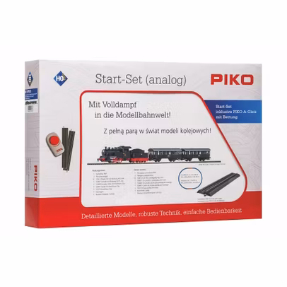 Start set Tren Electric Marfa PIKO HO 97933 – Set Complet cu Sine cu terasament, Locomotiva si Vagoane de calatori