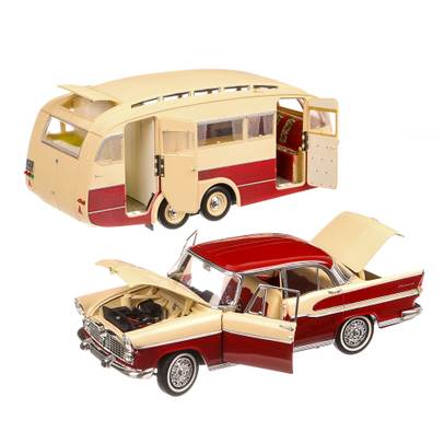 Simca Chambord cu rulota Henon 1958, macheta  auto, scara 1:18, crem cu rosu, Norev