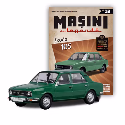 Macheta Skoda 105 verde – Mașini de Legendă Nr.12 – DeAgostini 1:43 - revista cu macheta -vedere 3/4 stanga fata 