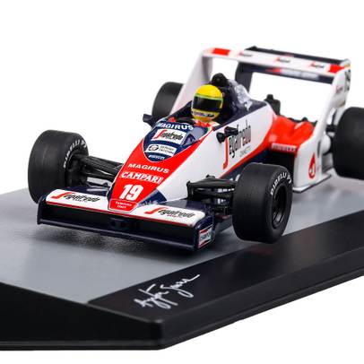 Toleman TG183B #19 AyrtonSenna Brazilia GP F1 1984, macheta auto scara 1:43, alb cu rosu, Atlas
