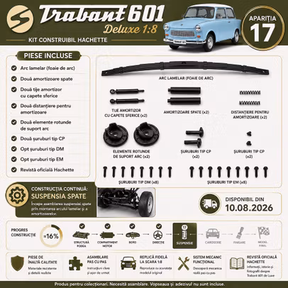 Trabant 601 Deluxe 1:8 Nr.17 Kit Construibil Hachette - arc lamelar, amortizoare spate si componente suspensie