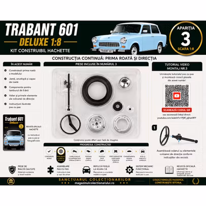 Trabant 601 Deluxe 1:8 Nr.3 prima roata volan coloana de directie janta anvelopa si tambur frana Hachette