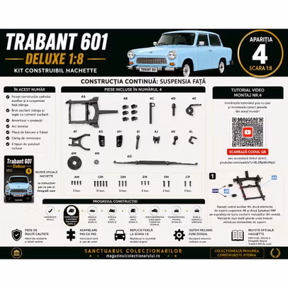Trabant 601 Deluxe 1:8 Nr.4 cadru auxiliar suspensie fata stanga arc lamelar si componente Hachette