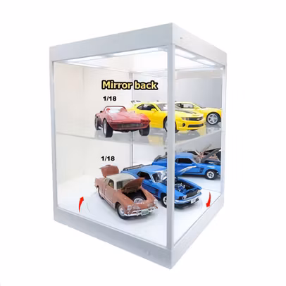 Vitrina alba LED cu platforma rotativa pt expunere machete 1:18 si oglinda
