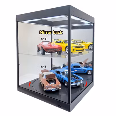 Vitrina neagra LED cu platforma rotativa pt expunere machete 1:18 si oglinda