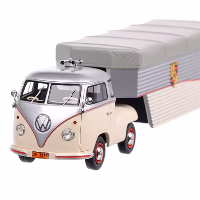 Volkswagen T1 Car Transporter Porsche Team Continental Motors 1962 , macheta autoutilitara, scara 1:43, argintiu cu crem, Schuco